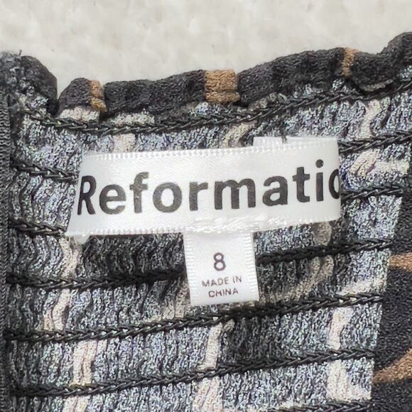 Reformation Sigmund Side Slit Midi Dress Sz 8 Black Linguini Print Square Neck - Picture 7 of 12